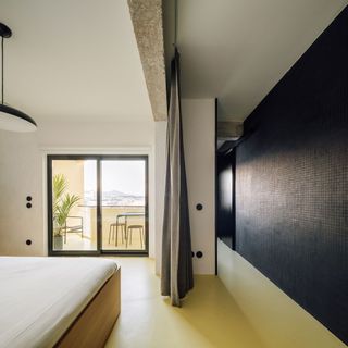 A bedroom with a curtain in the middle