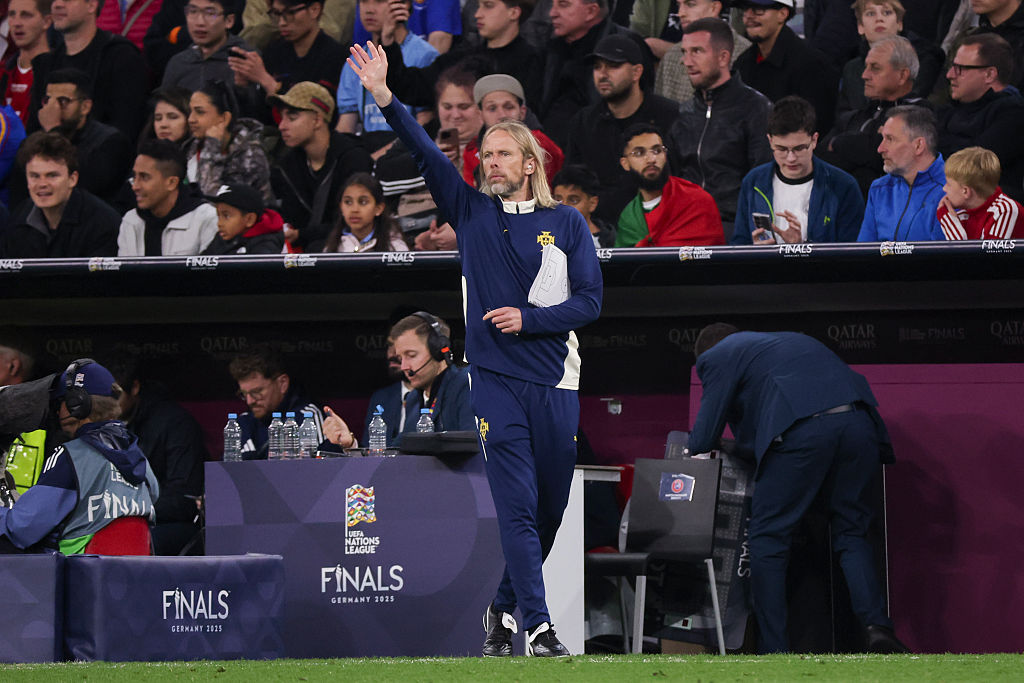MUNICH, GERMANY - JUNE 8: Austin MacPhee, assistant head coach of Portugal, calls for a play during the UEFA Nations League 2025 final match between Portugal and Spain at Munich Football Arena on June 8, 2025 in Munich, Germany. (Photo by Catherine Steenkeste/Getty Images)