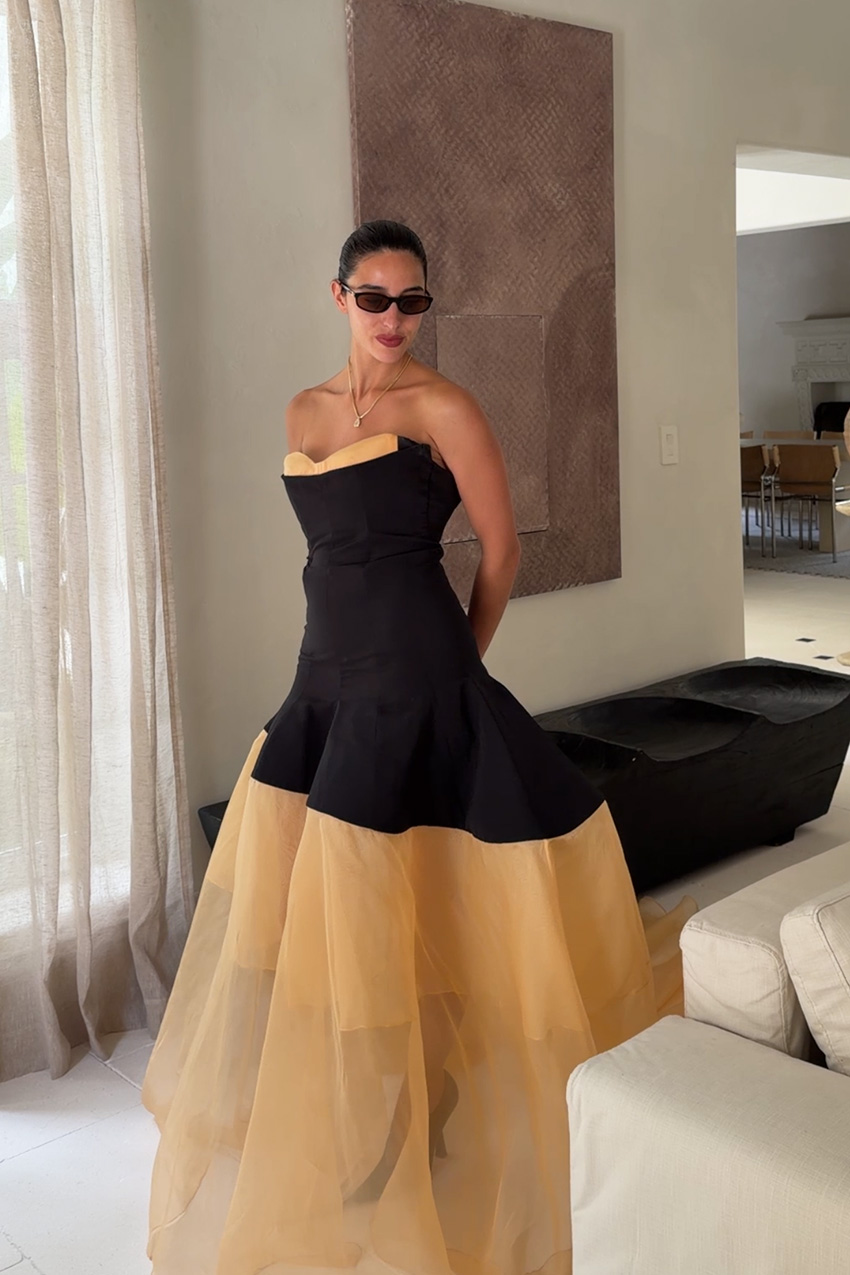 Bettina Looney wearing a 2026 wedding guest dress trend
