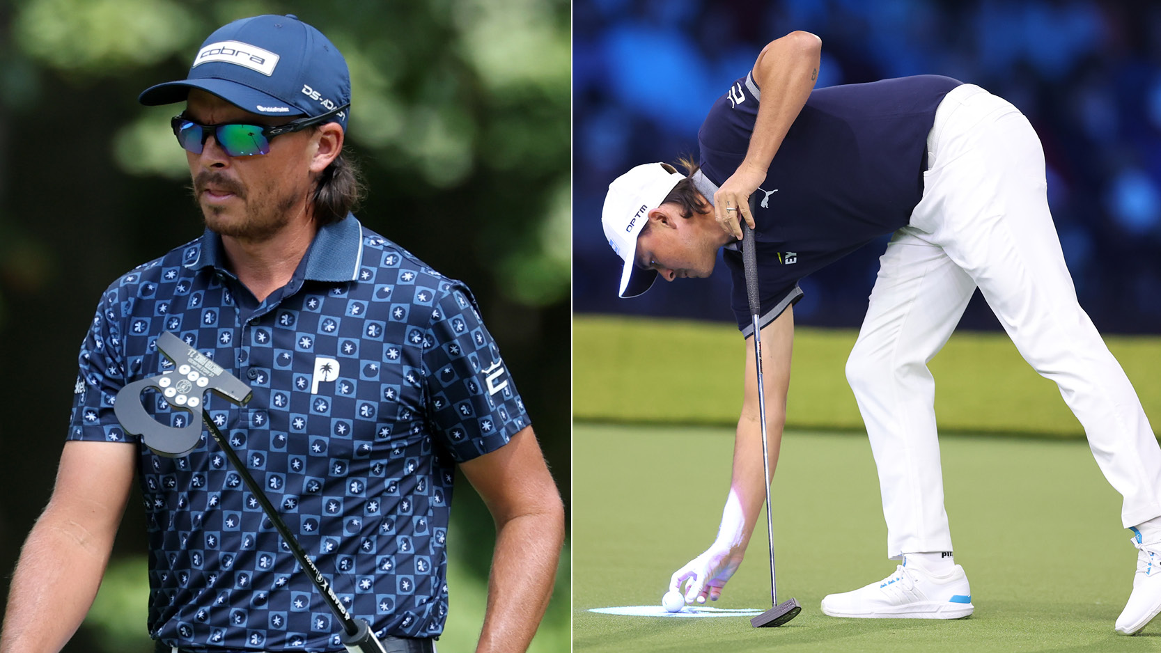 Rickie Fowler walks off the green in one picture and lines up a putt in the other