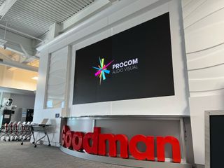 A MAXHUB 165-inch display delivers digital signage and messaging in the lobby of Goodman.