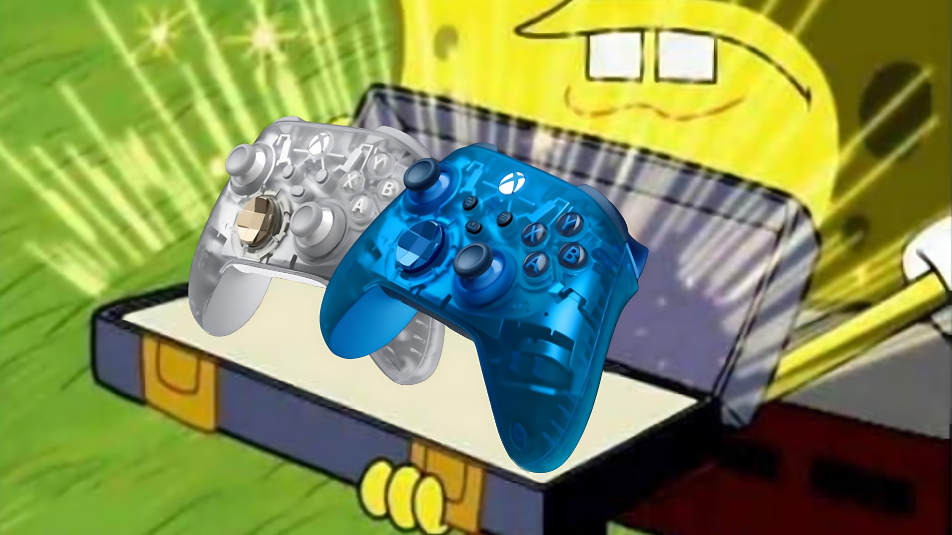 Spongebob carrying a treasure chest containing two Xbox Cipher controllers