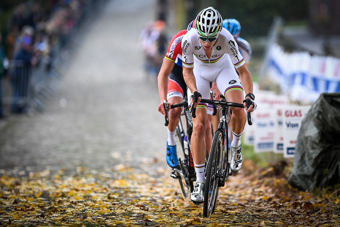 Wout Van Aert (Crelan-Vastgoedservice) leads on the Koppenberg