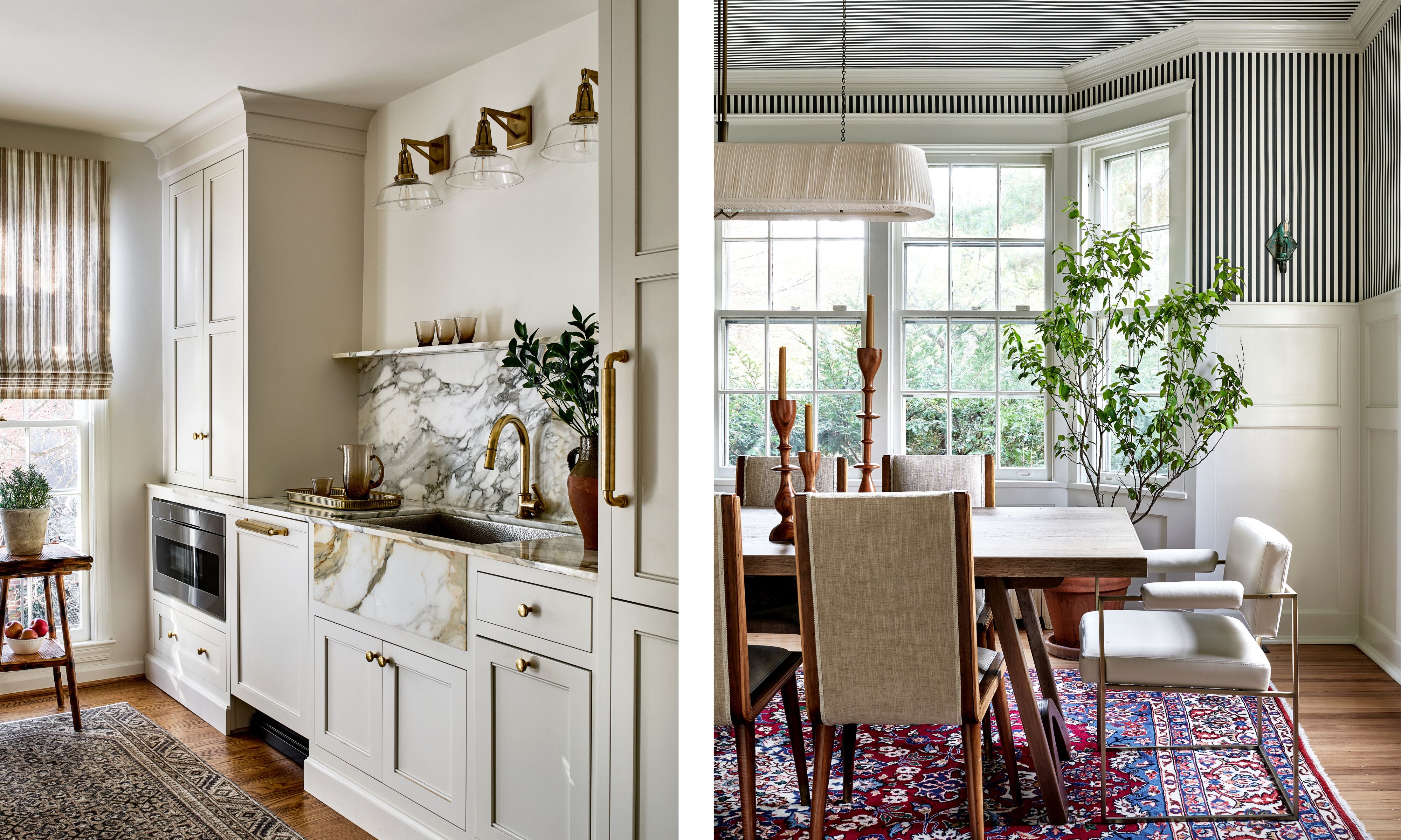 Kitchen with marble sink and beige cabinets with persian rug and dining room with striped walls and wood dining table and red persian rug