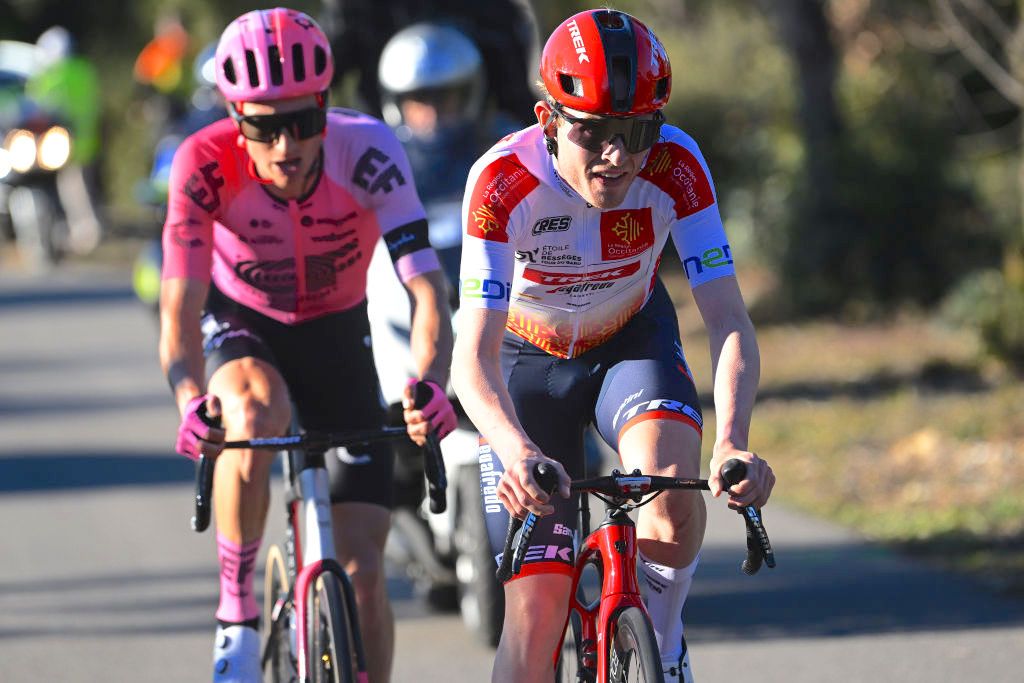 BROUZET LES ALES, FRANCE - FEBRUARY 04: Mattias Skjelmose of Denmark and Team Trek-Segafredo - White Best Young Rider Jersey and Neilson Powless of The United States and Team EF Education &acirc; Easypost compete in the breakaway during the 53rd Etoile de Besseges - Tour Du Gard 2023, Stage 4 a 147,5km stage from Saint-Christol-L&Atilde;&uml;z-Al&Atilde;&uml;s to Le Mont Bouquet, Brouzet l&Atilde;&uml;s Al&Atilde;&uml;s 616m / #EDB2021 / on February 04, 2023 in Saint-Christol-L&Atilde;&uml;z-Al&Atilde;&uml;s, France. (Photo by Luc Claessen/Getty Images)