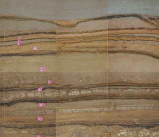 The stratigraphy of the sea cave in Sumatra excavated by scientists from the Earth Observatory of Singapore, Rutgers, and other institutions shows lighter bands of sand deposited by tsunamis over a period of 5,000 years and darker bands of organic material, largely consisting of bat guano.
