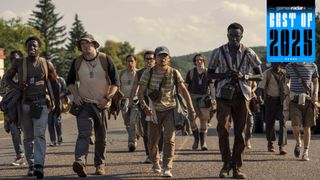 David Jonsson, Cooper Hoffman, Ben Wang, and Tut Nyuot in The Long Walk