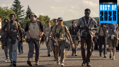 David Jonsson, Cooper Hoffman, Ben Wang, and Tut Nyuot in The Long Walk