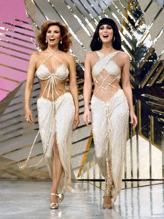 Raquel Welch and Cher performing on Cher's solo music and variety show.