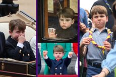 Prince Louis collage of photos, him holding his nose, pouting, arms stretched out and stuffing his face with marshmallows