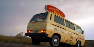 The Surfer Boy Pizza van, featuring one of the best Stranger Things fonts