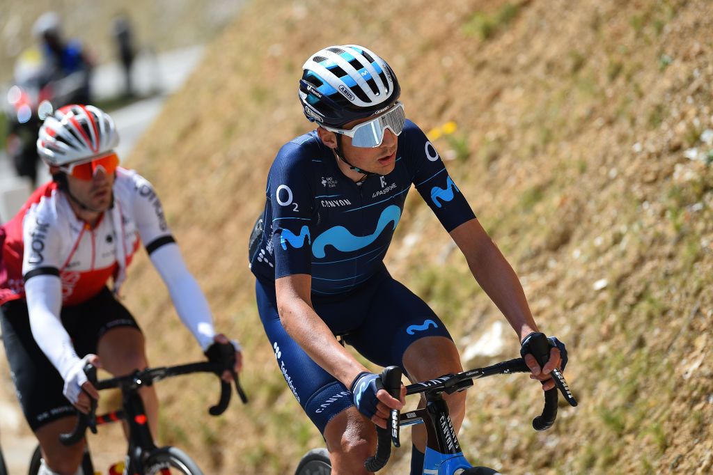ZINAL VAL DANNIVIERS SWITZERLAND APRIL 30 scar Rodriguez Garaikoetxea of Spain and Movistar Team competes in the breakaway during the 75th Tour De Romandie 2022 Stage 4 a 1801km stage from Aigle to Zinal Val dAnniviers 1664m TDR2022 on April 30 2022 in Zinal Val dAnniviers Switzerland Photo by Dario BelingheriGetty Images
