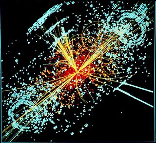 Simulated data from the Large Hadron Collider particle detector shows the Higgs boson produced after two protons collide.