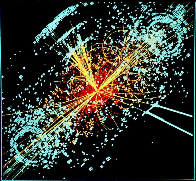 Simulated data from the Large Hadron Collider particle detector shows the Higgs boson produced after two protons collide.