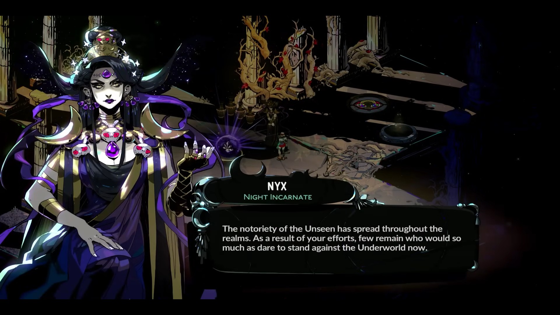 Nyx appearing to Melinoe in Chaos' realm to discuss her ranking in Hades 2