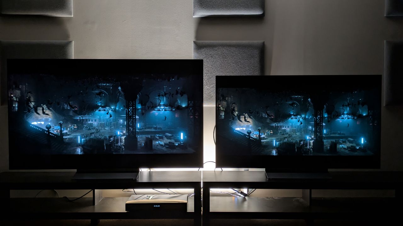 LG C6 (left) and LG C5 (right) OLED TVs showing the Batcave from The Batman. Both TVs show rich contrast, but the C6 has better shadow detail and punchier lights