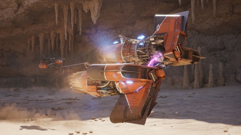 A podracer in Star Wars: Galactic Racer zooming towards the camera.