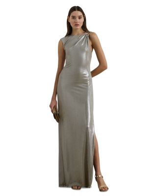 Buckle Trim Metallic Sleeveless Gown