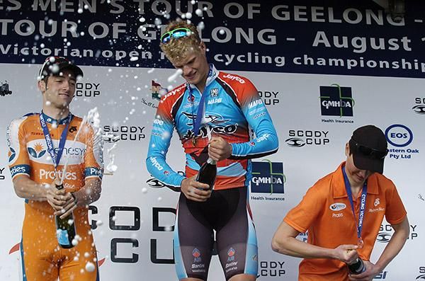 Stage four podium (l-r): Nathan Haas (Genesys Wealth Advisers), 2nd; Edward Bissaker (Jayco-AIS), 1st; and Kane Walker (Genesys Wealth Advisers), 3rd.