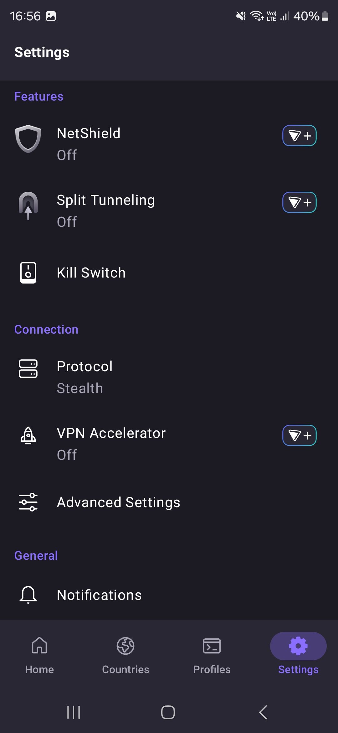 Proton VPN Android settings screen