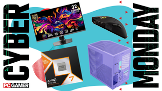 An AMD CPU, a MSI monitor, a Corsair gaming mouse, and a purple Hyte PC case all float in the funky Cyber Monday deal void.