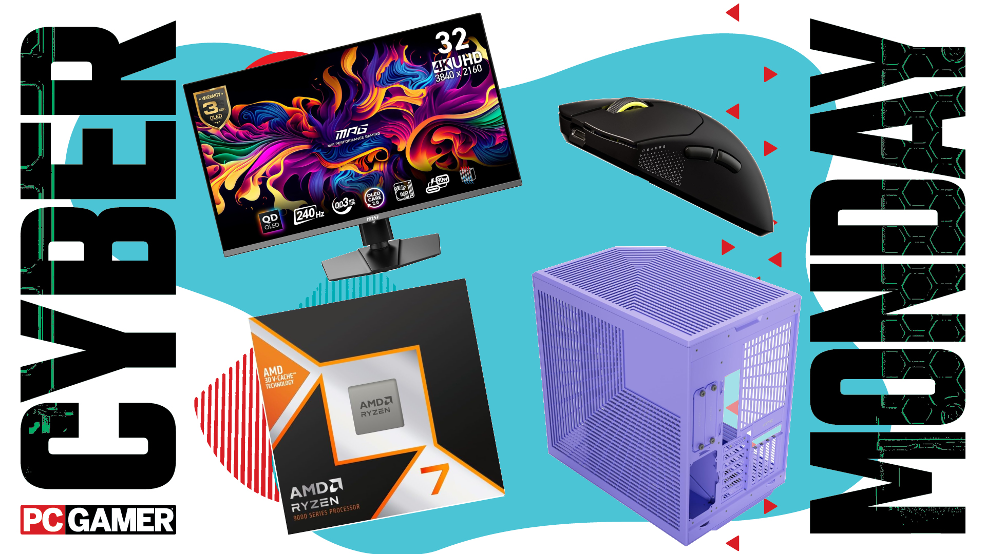 An AMD CPU, a MSI monitor, a Corsair gaming mouse, and a purple Hyte PC case all float in the funky Cyber Monday deal void.