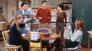 The Friends gang minus Chandler in the "boys apartment" after the girls move in