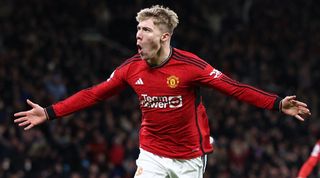 Rasmus Hojlund celebrates after scoring for Manchester United against Tottenham in January 2024.