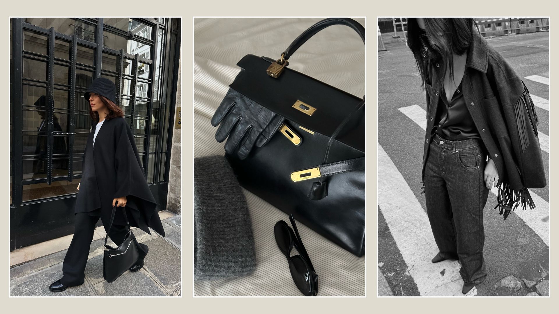 A collage of stylish winter imagery, including two women wearing all-black outfits and a black Hermes handbag with gloves poking out