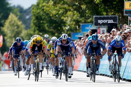 PEER BELGIUM AUGUST 26 LR Olav Kooij of The Netherlands and Team JumboVisma Tim Merlier of Belgium and Team Soudal QuickStep Sam Welsford of Australia and Team DSMFirmenich and Jasper Philipsen of Belgium and Team AlpecinDeceuninck sprint at finish line during the 19th Renewi Tour 2023 Stage 4 a 1794km stage from Beringen to Peer UCIWT on August 26 2023 in Peer Belgium Photo by Bas CzerwinskiGetty Images