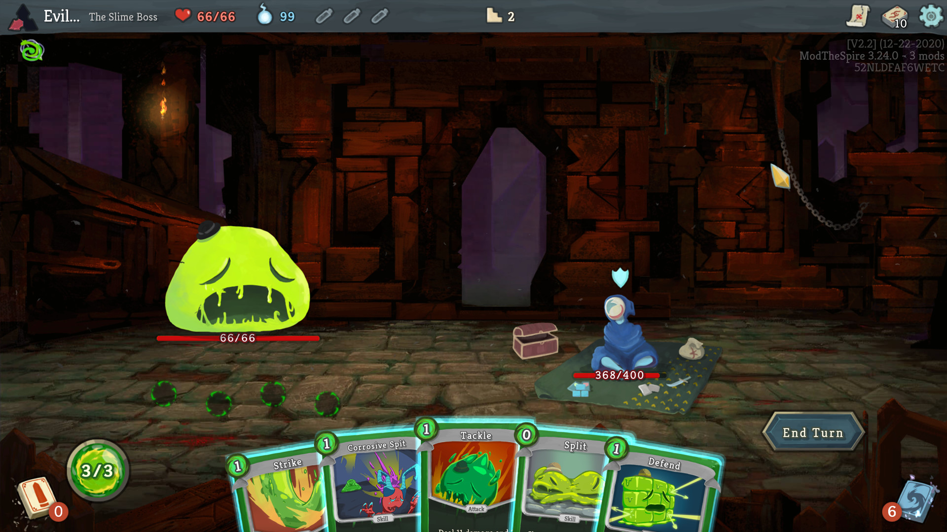 The Slime Boss visiting a merchant in Downfall, a mod for Slay the Spire.