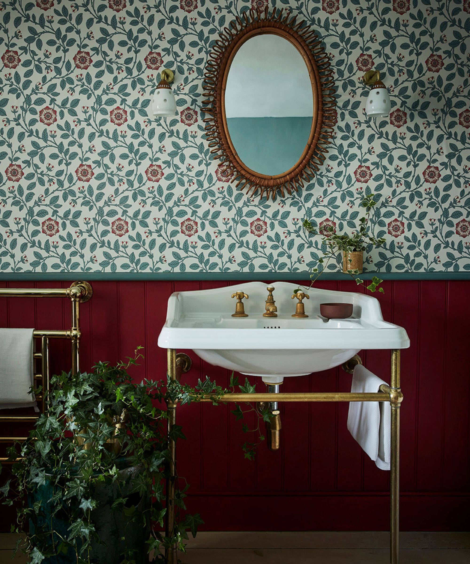 little greene red and green bathroom with floral wallpaper