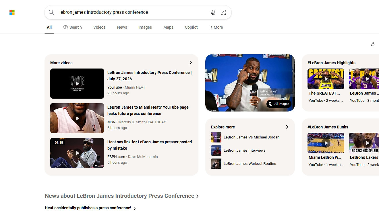 Bing search results page for "lebron james introductory press conference" showing video links about a leaked Miami Heat press conference alongside photos and highlight videos of LeBron James.