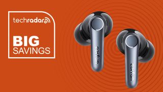 Earfun Air Pro 4 earbuds on an orange background with "Big Savings" text in white on the left side.