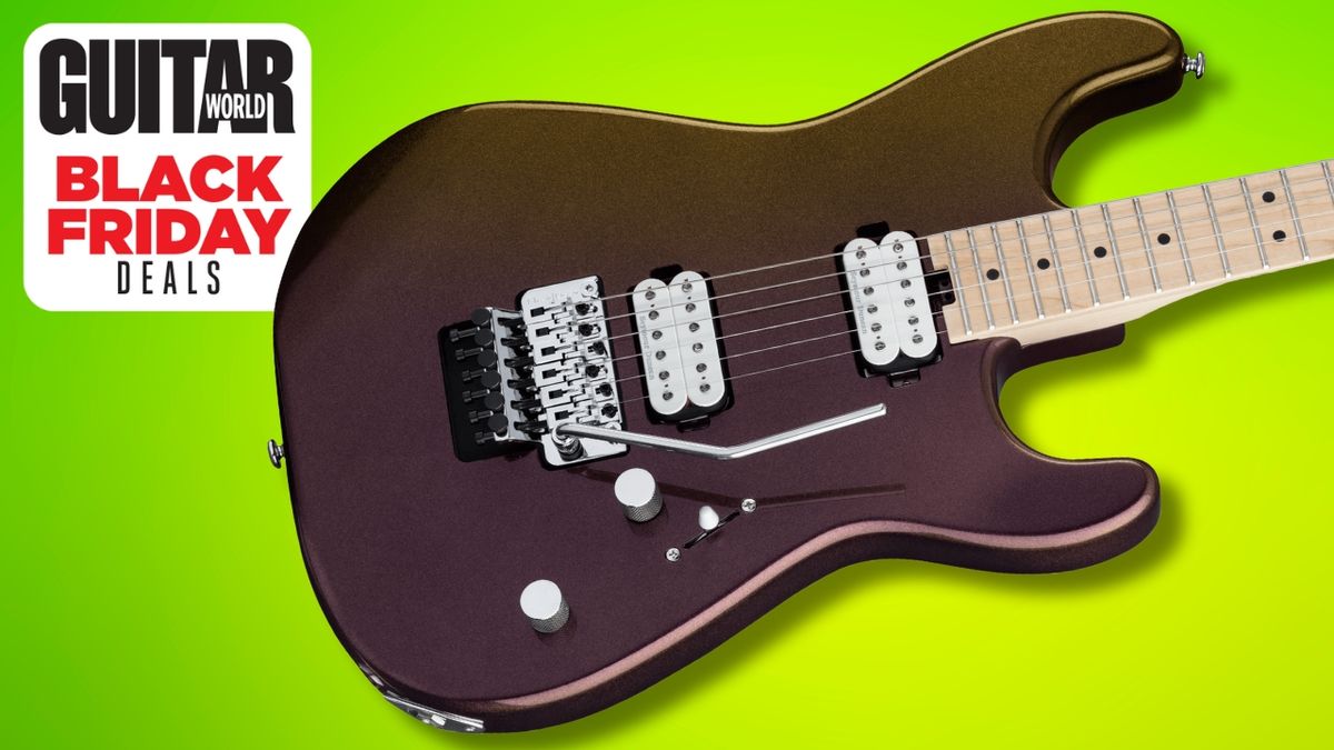 A Charvel electric guitar on a lime green background