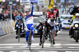 Marianne Vos (Rabobank Liv/Giant) celebrates victory at the Tour of Flanders after outsprinting her three breakaway companions.