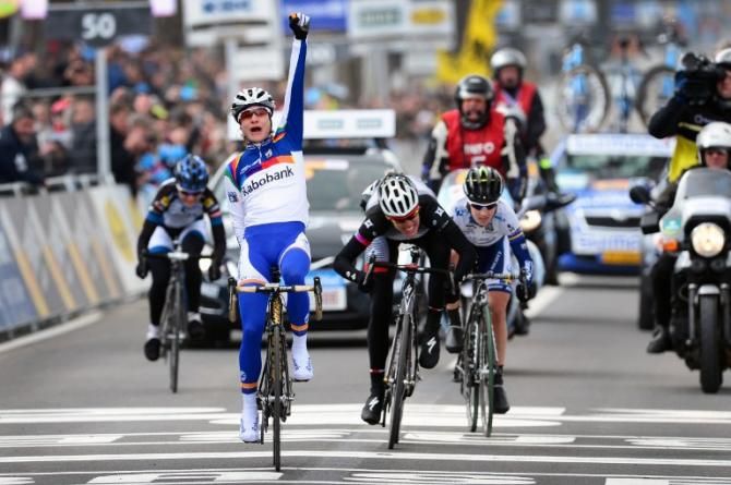 Marianne Vos (Rabobank Liv/Giant) celebrates victory at the Tour of Flanders after outsprinting her three breakaway companions.