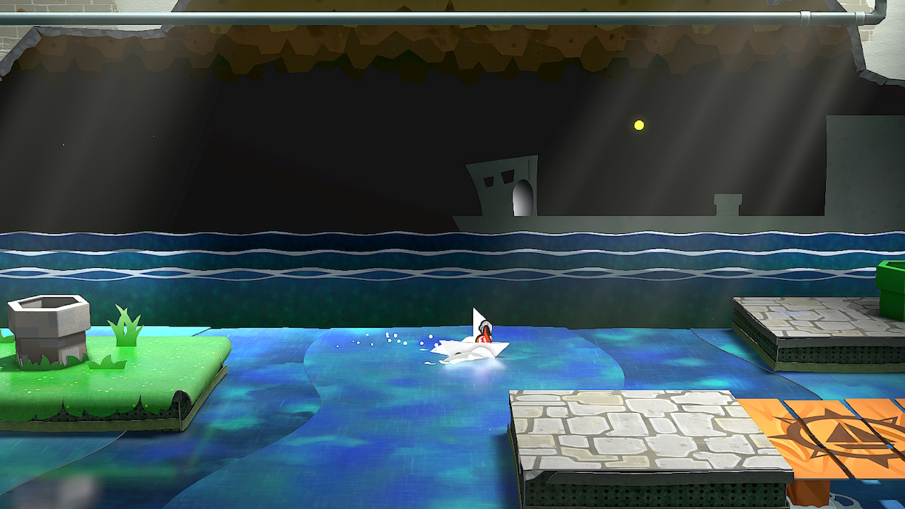 A screenshot from Paper Mario: The Thousand-Year Door showing Mario transformed into a paper boat