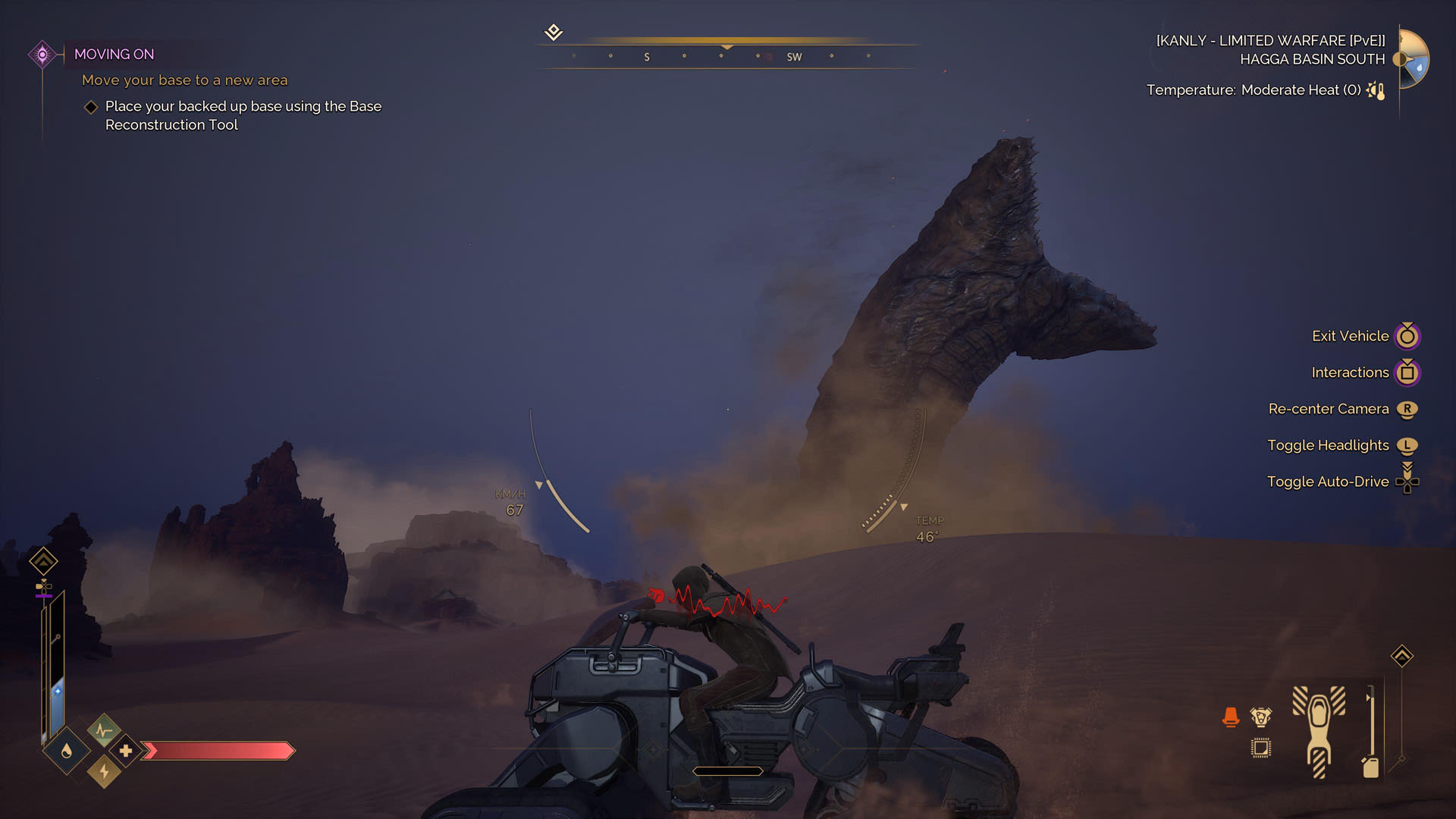Driving across sand dunes at night in Dune Awakening on PS5 as a sandworm breaches