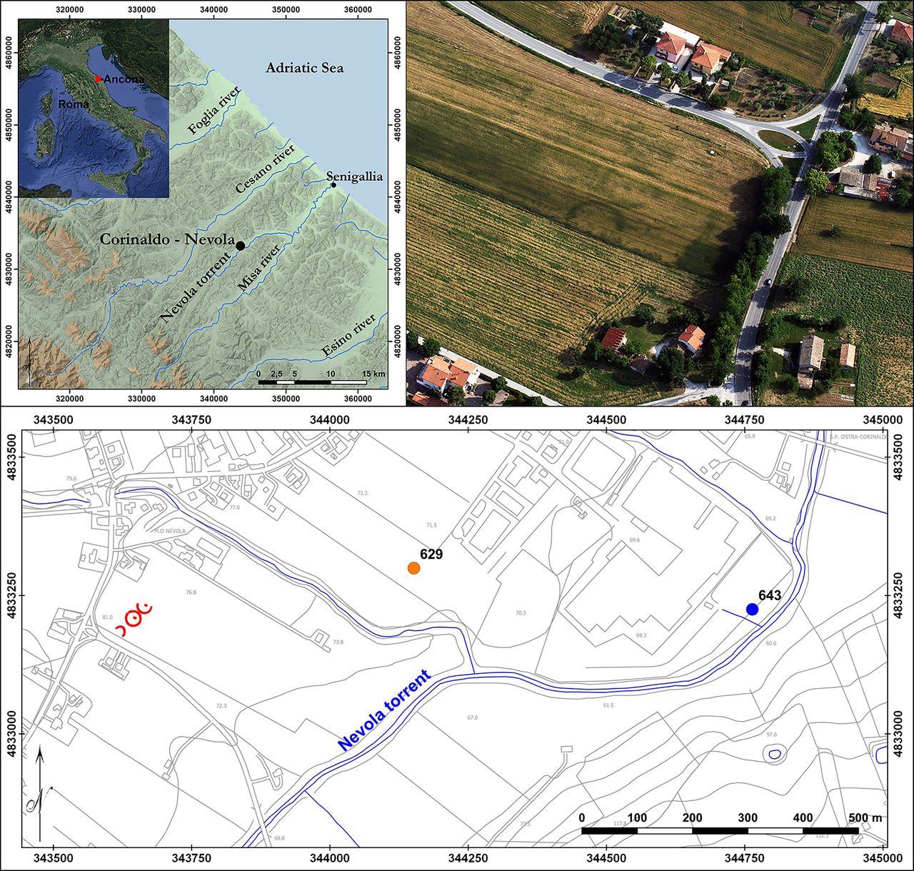 The maps (top left) show where the burial was discovered. An aerial survey (top right) shows the crop marks that clued archaeologists into the discovery. Finally, the bottom map shows the crop circles in red.