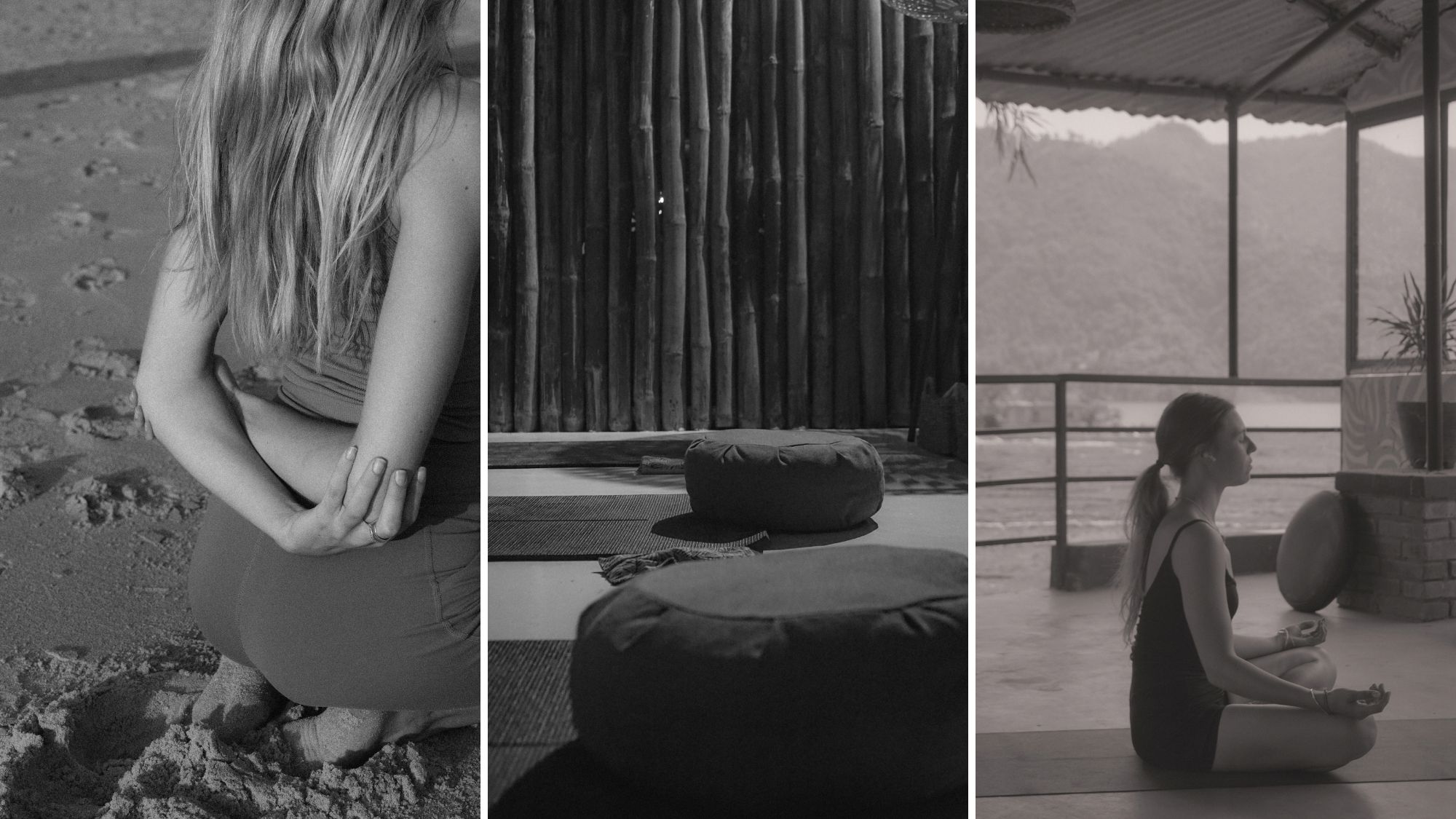 A woman stretching, meditating, and relaxing in a yoga studio