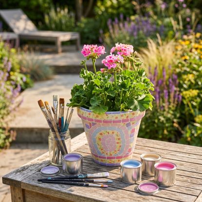 painted plant pot with tins of pain and paintbrushes on a table in a garden