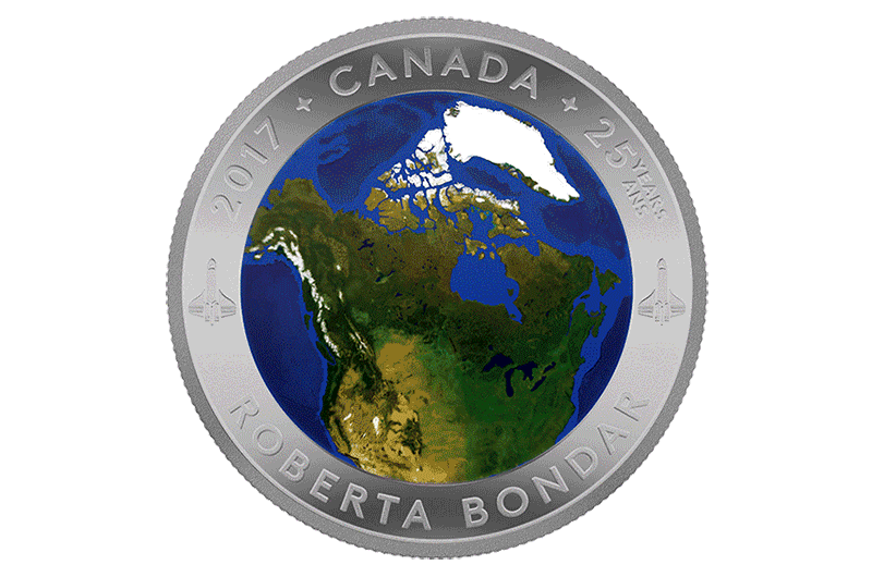 Illustration showing how the Royal Canadian Mint’s "View of Canada From Space" curved silver coin looks in the light and in the dark.