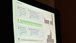 A slide during the GDC 2024 panel "Simulacra and Subterfuge: Building Agentic 'Werewolf'". It shows an example of the Generative Werewolf game in action, with bots attempting to deceive villagers or sniff out werewolves.