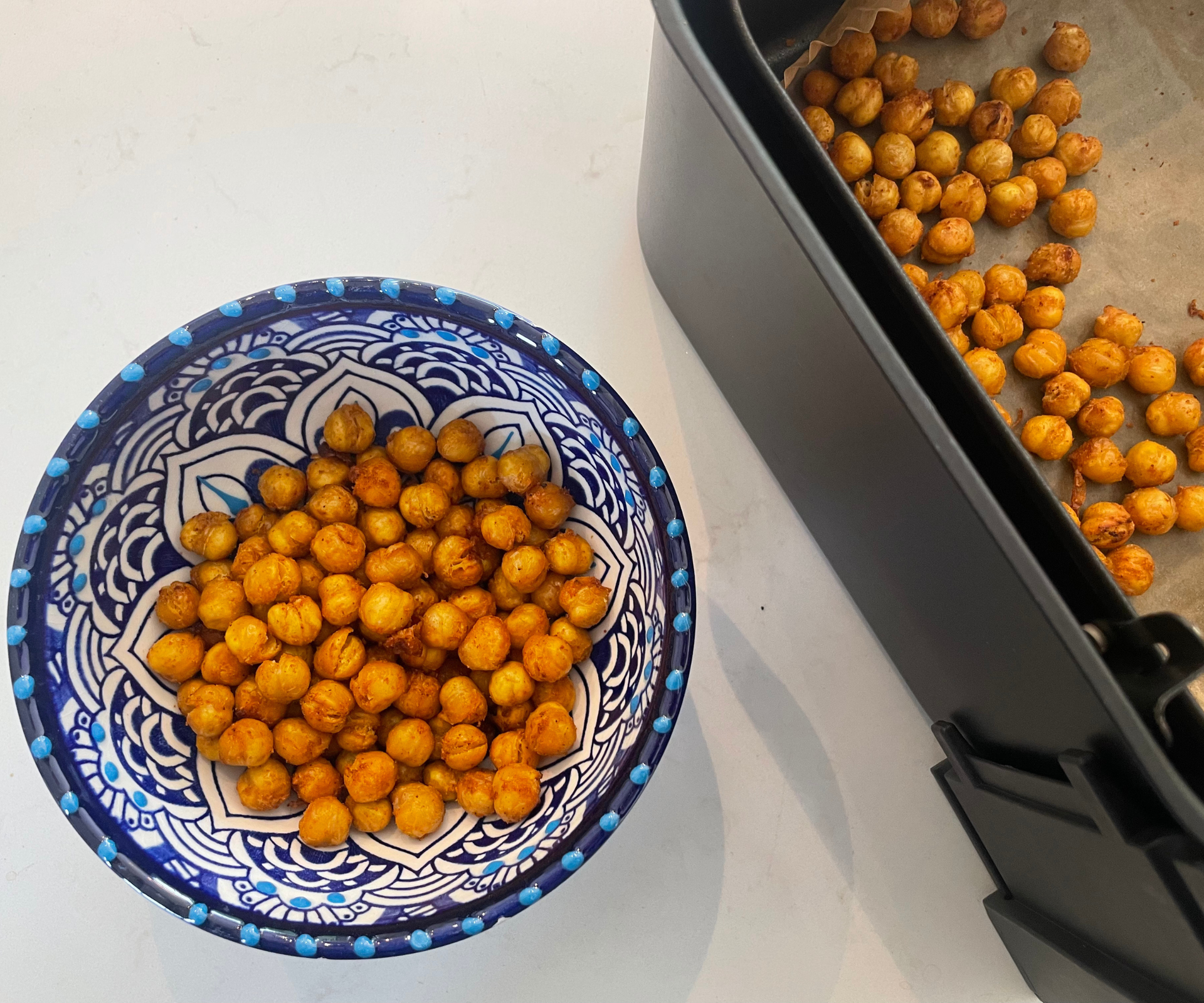 A bowl of crispy chickpeas baked in the air fryer