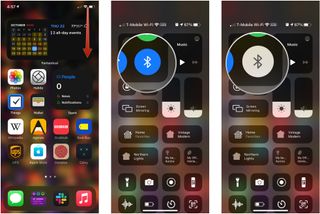 Toggle Bluetooth off/on, showing how to activate Control Center, then tap the Bluetooth button to turn Bluetooth off, then tap it again to turn it back on