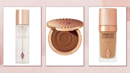 Collage of the best Charlotte Tilbury products (L-R) Airbrush Setting Spray, Beautiful Skin Bronzer and Airbrush Flawless Foundation, on a pink watercolour background