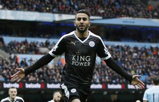 Riyad Mahrez celebrates after scoring for Leicester City against Manchester City in February 2016.