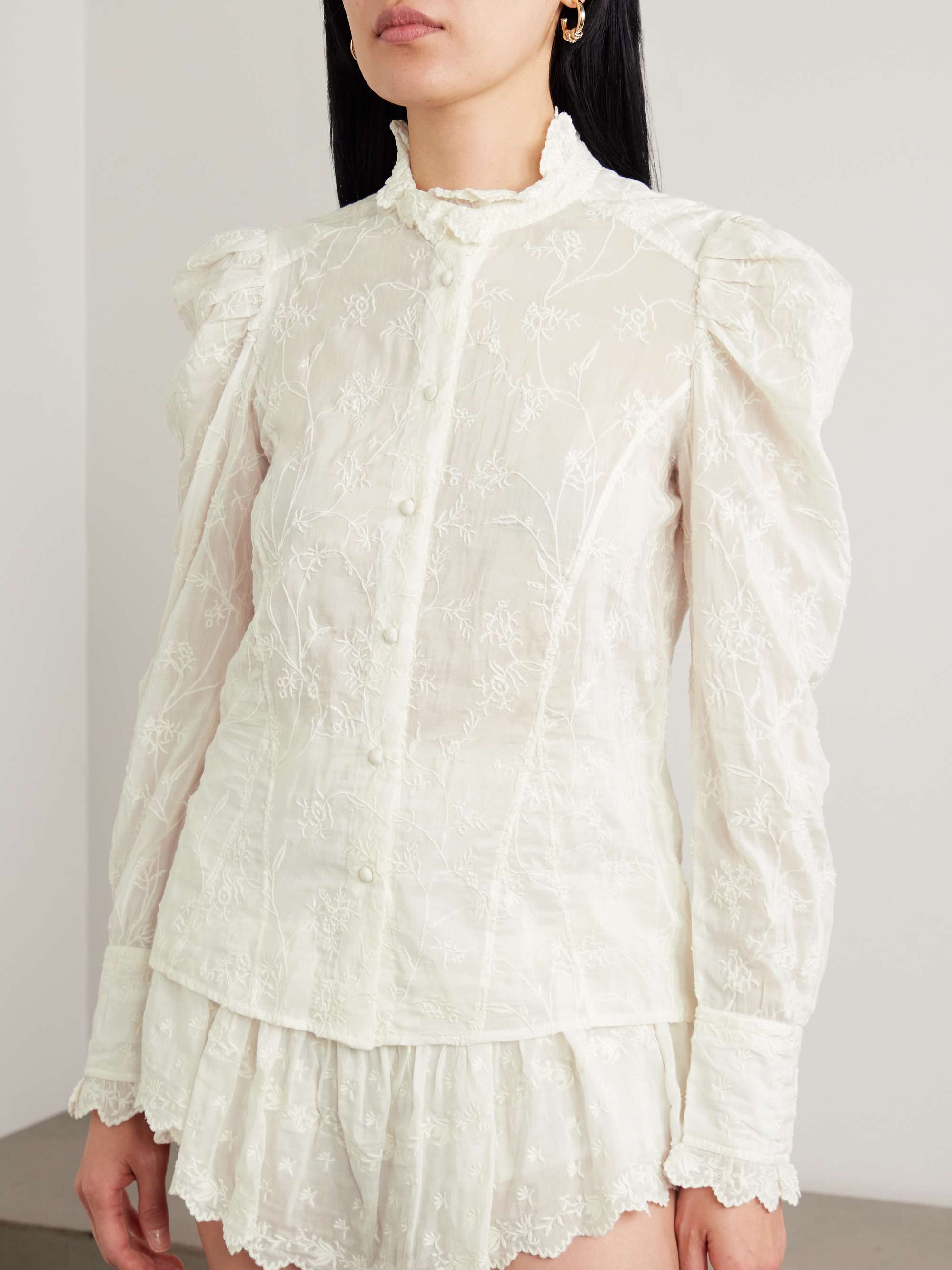 Zorica Ruffled Embroidered Cotton and Silk-Blend Voile Blouse