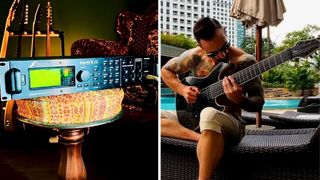 A collage of Mick Gordon's Fractal Axe-Fx II XL on the left, and Gordon playing an 8-string guitar on the right